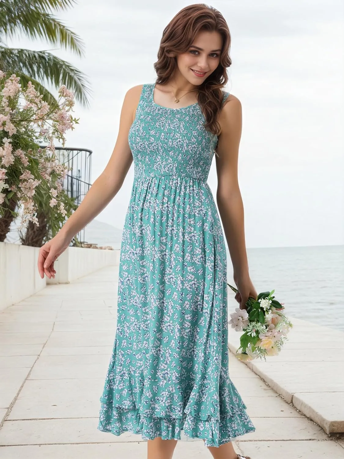 Seta T Women's Summer Floral Boho Dresses Scoop Neck Sleeveless Ruffle Hem A Line Beach Sundress with Pockets