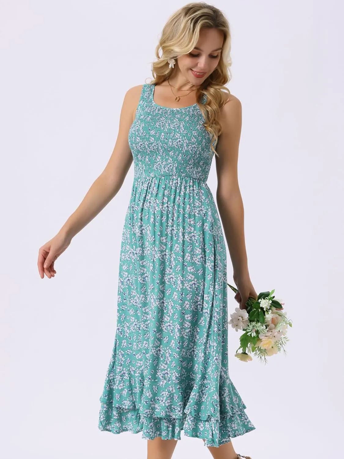 Seta T Women's Summer Floral Boho Dresses Scoop Neck Sleeveless Ruffle Hem A Line Beach Sundress with Pockets
