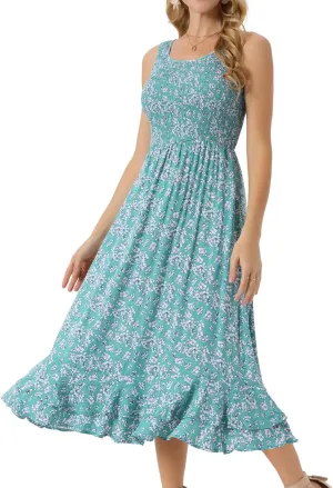 Seta T Women's Summer Floral Boho Dresses Scoop Neck Sleeveless Ruffle Hem A Line Beach Sundress with Pockets