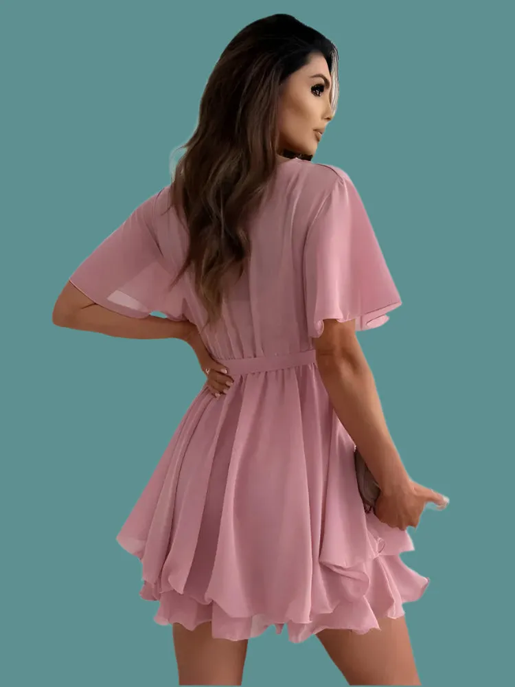 Sexy V-Neck Cross Strap Mini Chiffon Dress – Elegant Summer Party Dress for Women