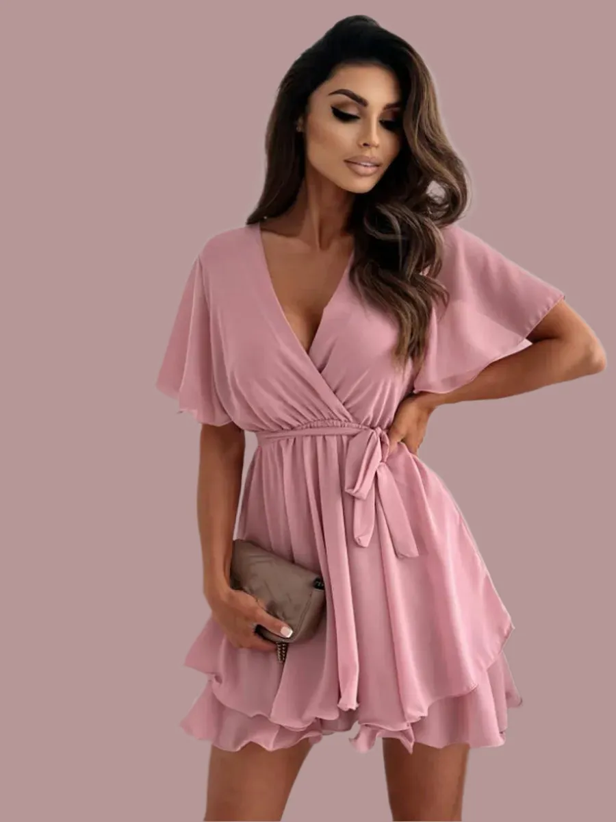 Sexy V-Neck Cross Strap Mini Chiffon Dress – Elegant Summer Party Dress for Women