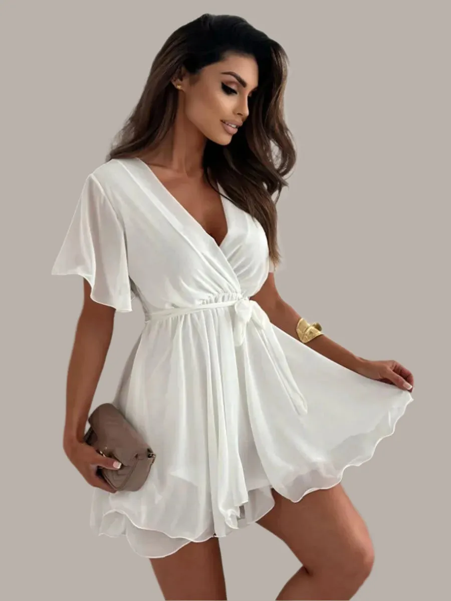 Sexy V-Neck Cross Strap Mini Chiffon Dress – Elegant Summer Party Dress for Women
