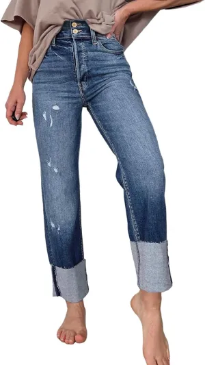 Sidefeel Women's High Waisted Tummy Control Jeans Cuffed Boyfriend Straight Leg Two Buttons Ripped Denim Pants