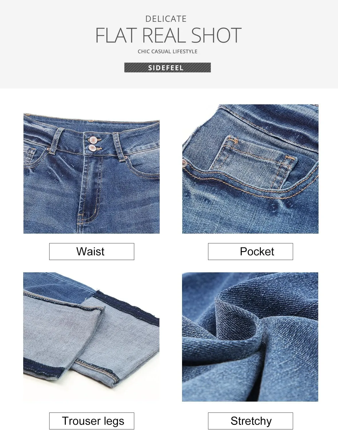 Sidefeel Women's High Waisted Tummy Control Jeans Cuffed Boyfriend Straight Leg Two Buttons Ripped Denim Pants