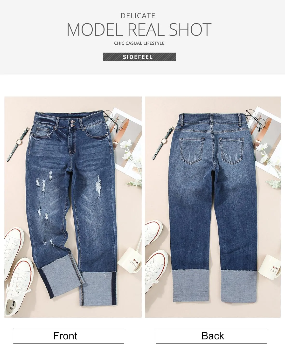Sidefeel Women's High Waisted Tummy Control Jeans Cuffed Boyfriend Straight Leg Two Buttons Ripped Denim Pants