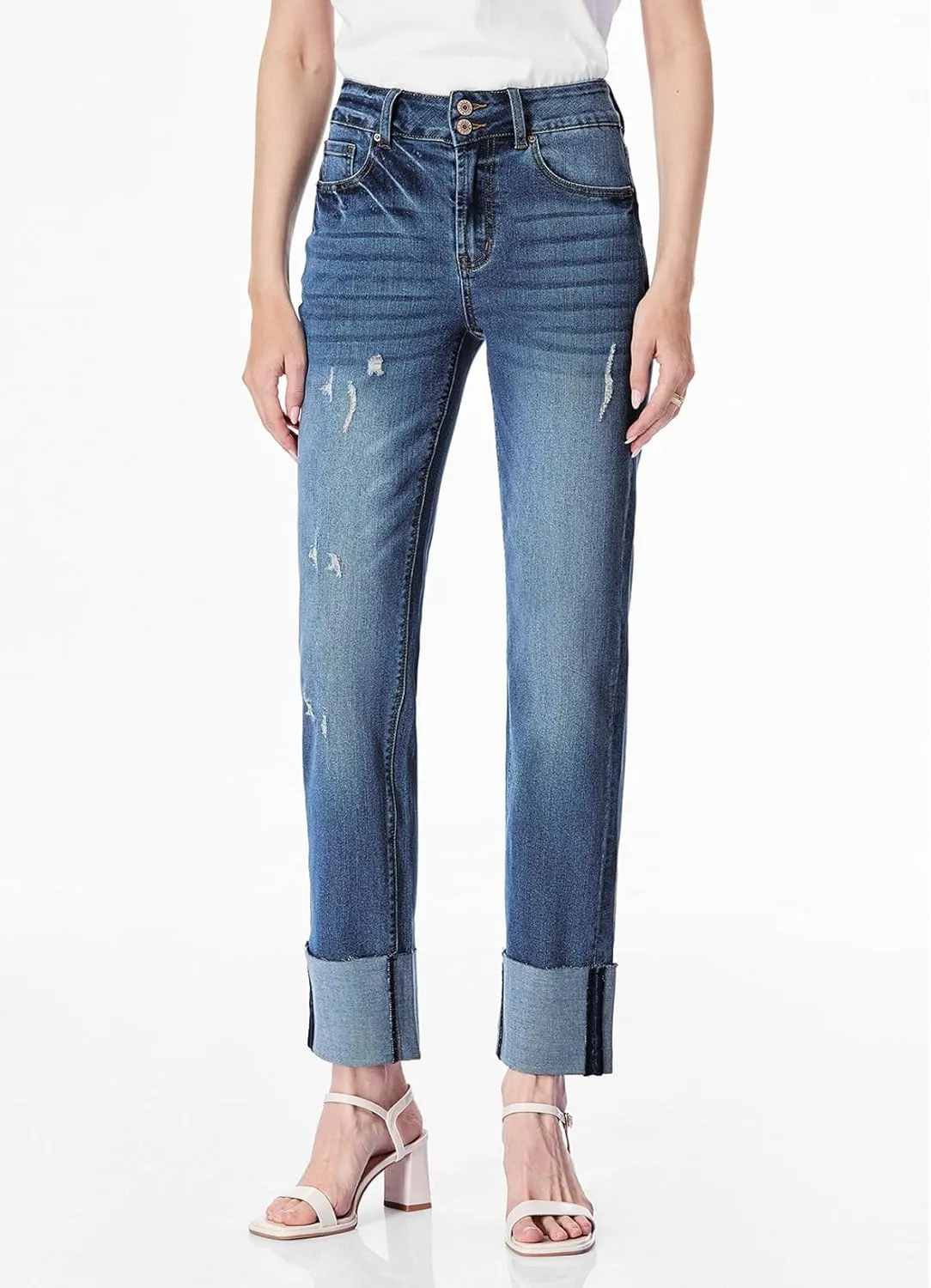 Sidefeel Women's High Waisted Tummy Control Jeans Cuffed Boyfriend Straight Leg Two Buttons Ripped Denim Pants