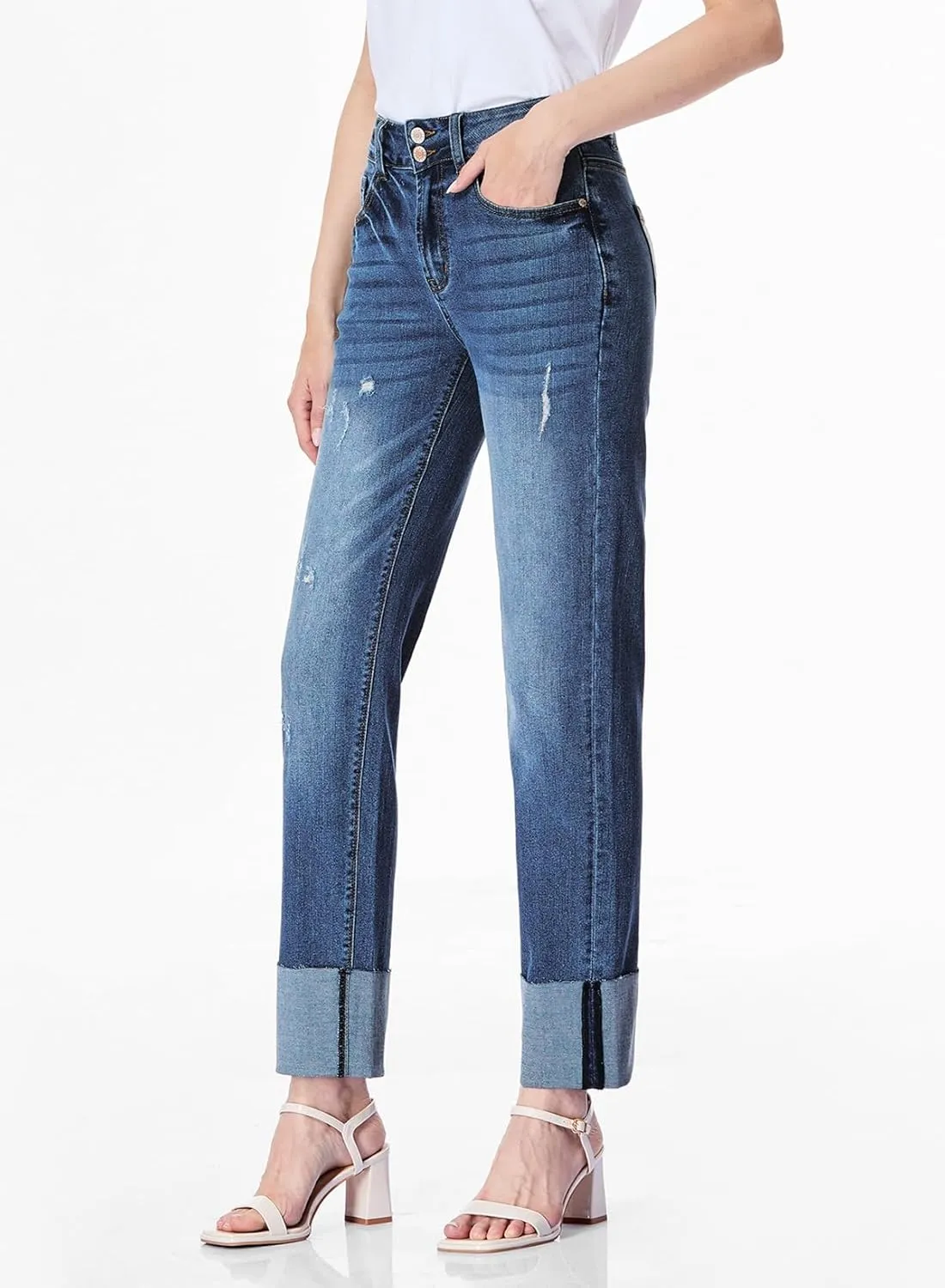 Sidefeel Women's High Waisted Tummy Control Jeans Cuffed Boyfriend Straight Leg Two Buttons Ripped Denim Pants