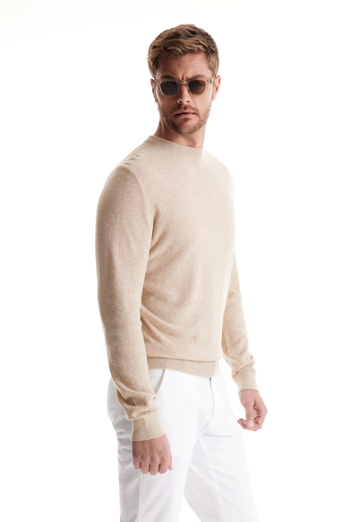 Soft Cloth Crewneck Sweater in Birdseye Jersey - Crema