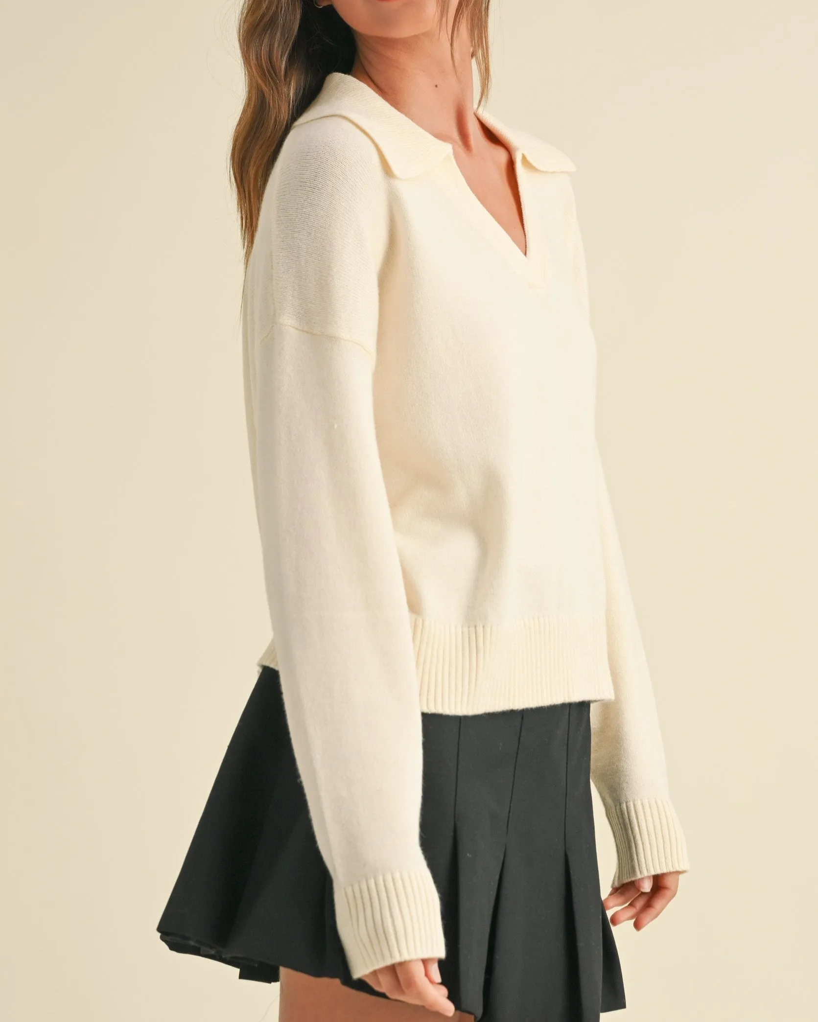 Soft Sweater Top with Collar - Cream - FINAL SALE