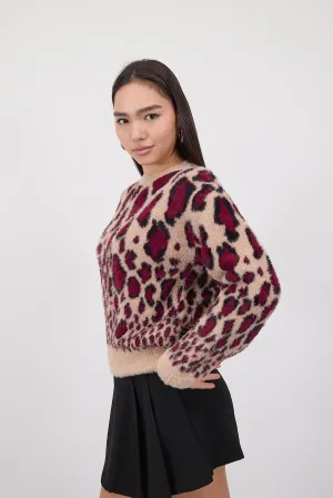 Soft Textured Leopard Pattern Knitwear Sweater