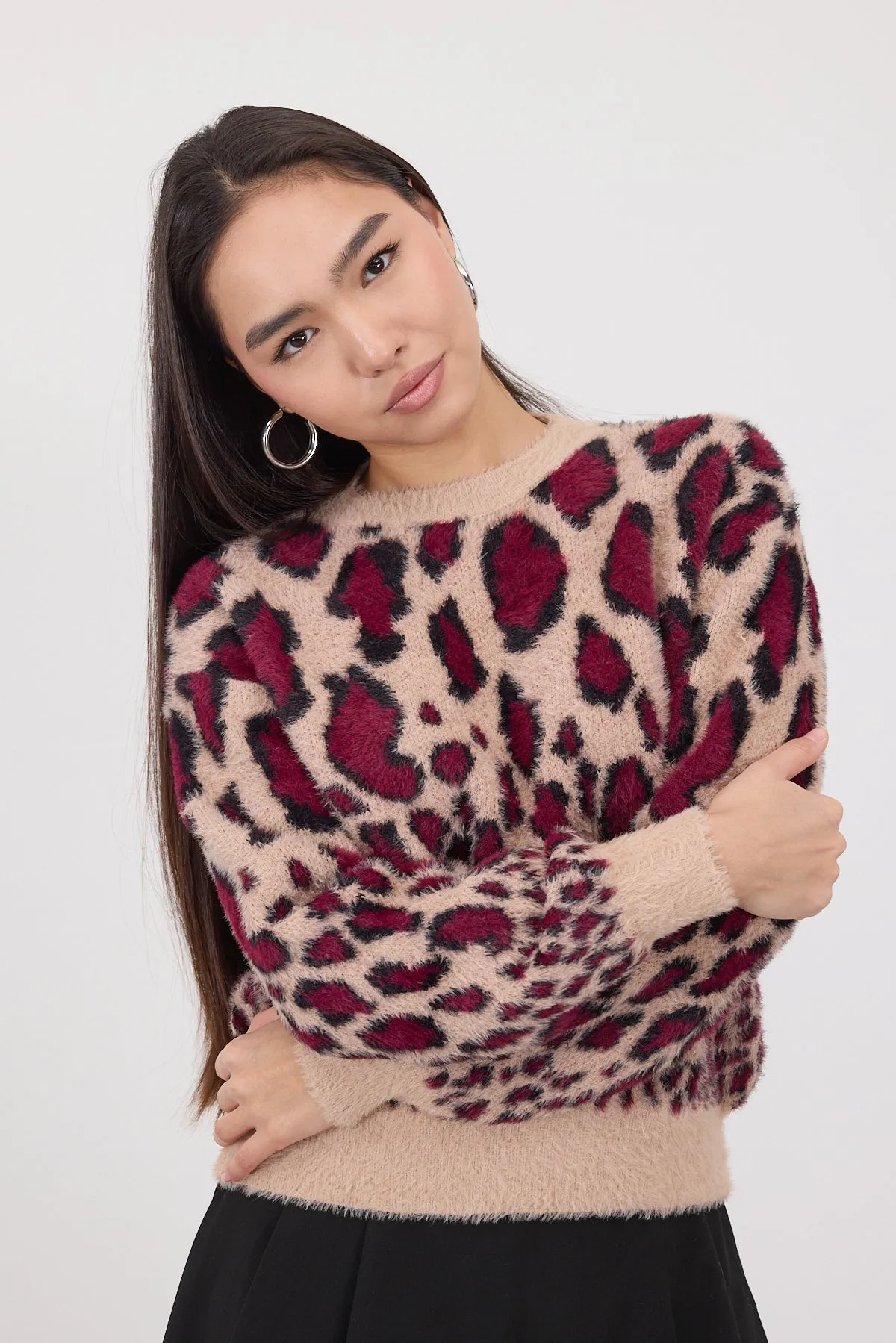 Soft Textured Leopard Pattern Knitwear Sweater