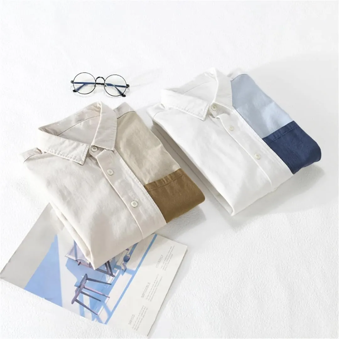 Spring and Summer Long-Sleeved Patchwork Cotton Men's Shirt Comfortable Top Large Size Camisole