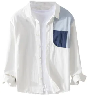 Spring and Summer Long-Sleeved Patchwork Cotton Men's Shirt Comfortable Top Large Size Camisole