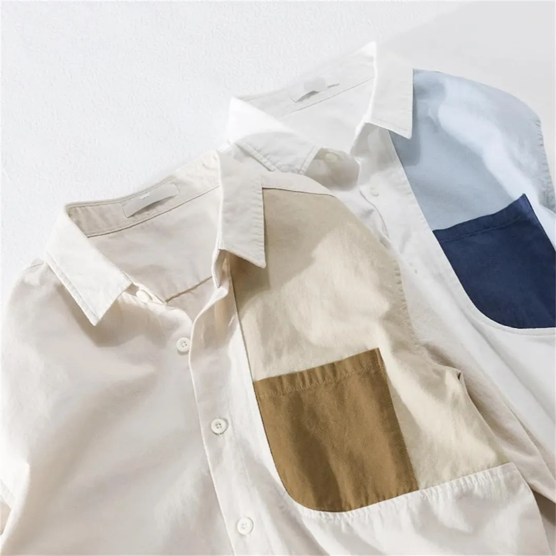 Spring and Summer Long-Sleeved Patchwork Cotton Men's Shirt Comfortable Top Large Size Camisole