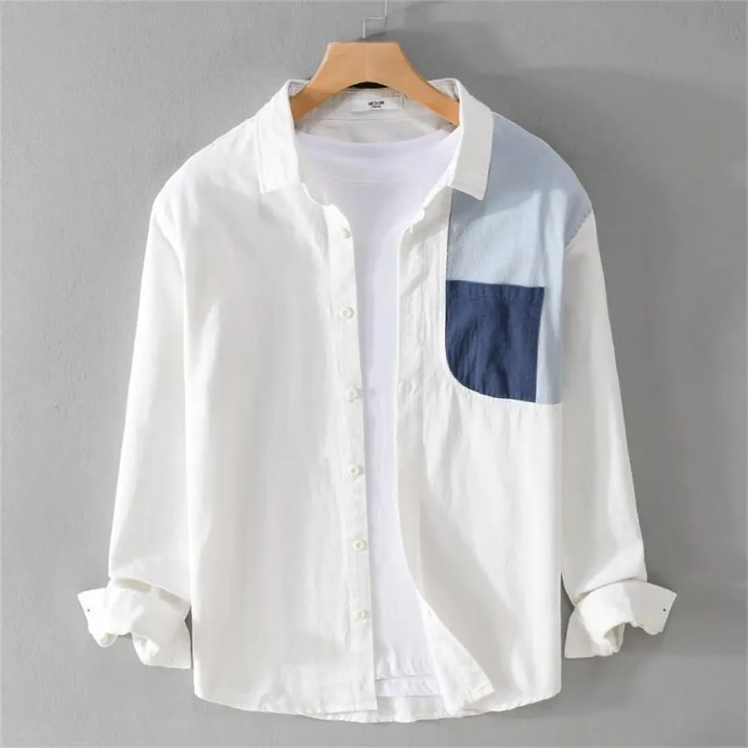 Spring and Summer Long-Sleeved Patchwork Cotton Men's Shirt Comfortable Top Large Size Camisole
