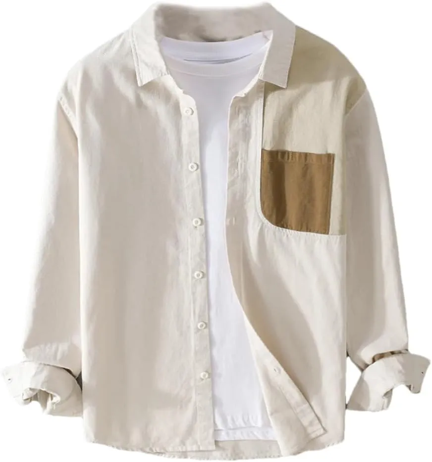 Spring and Summer Long-Sleeved Patchwork Cotton Men's Shirt Comfortable Top Large Size Camisole