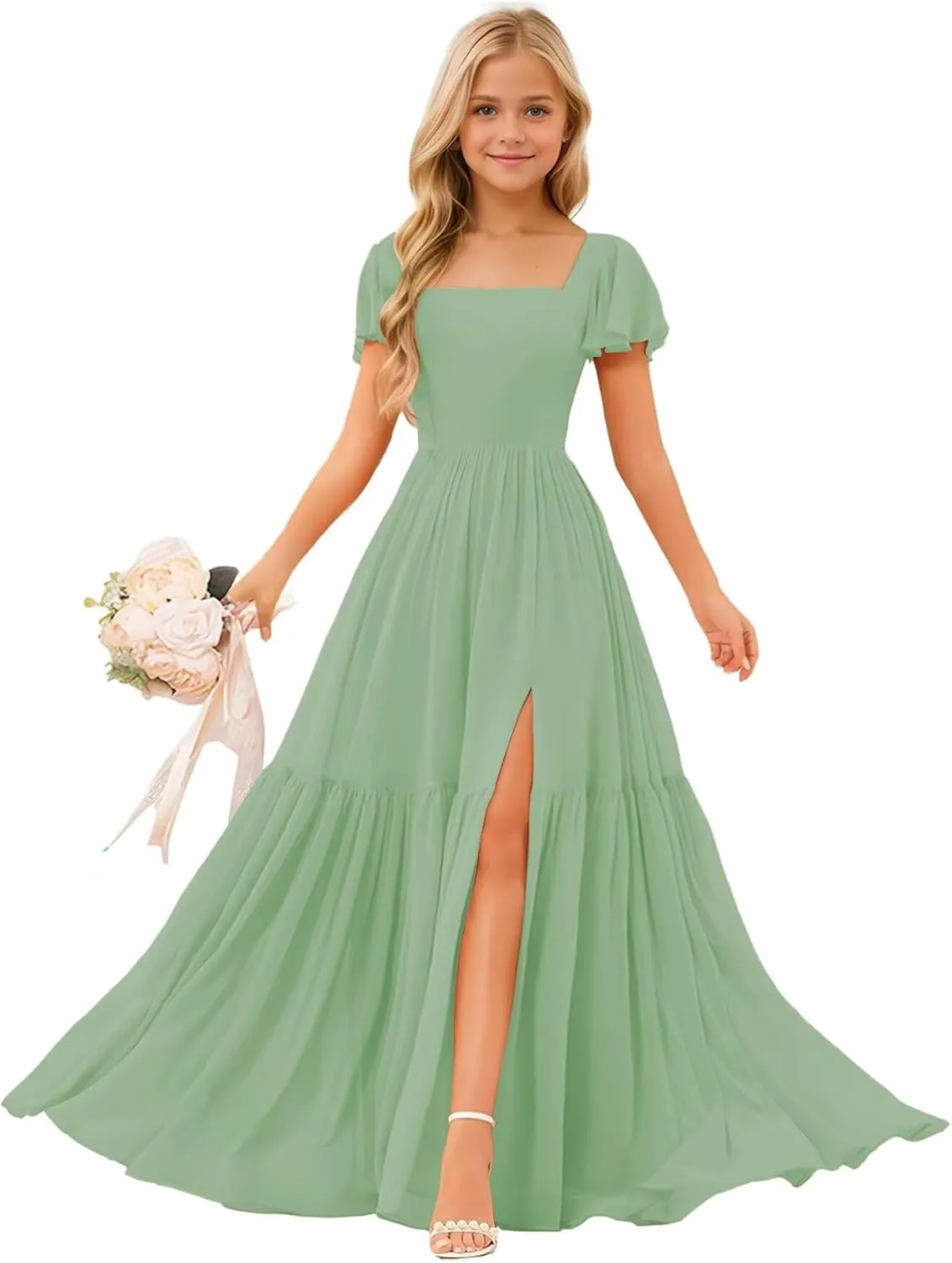 Square Neck Junior Bridesmaid Dresses Chiffon Flower Girls Dresses A Line Girls Wedding Pageant Gowns