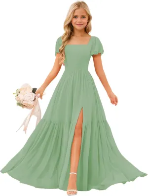Square Neck Junior Bridesmaid Dresses Chiffon Flower Girls Dresses A Line Girls Wedding Pageant Gowns