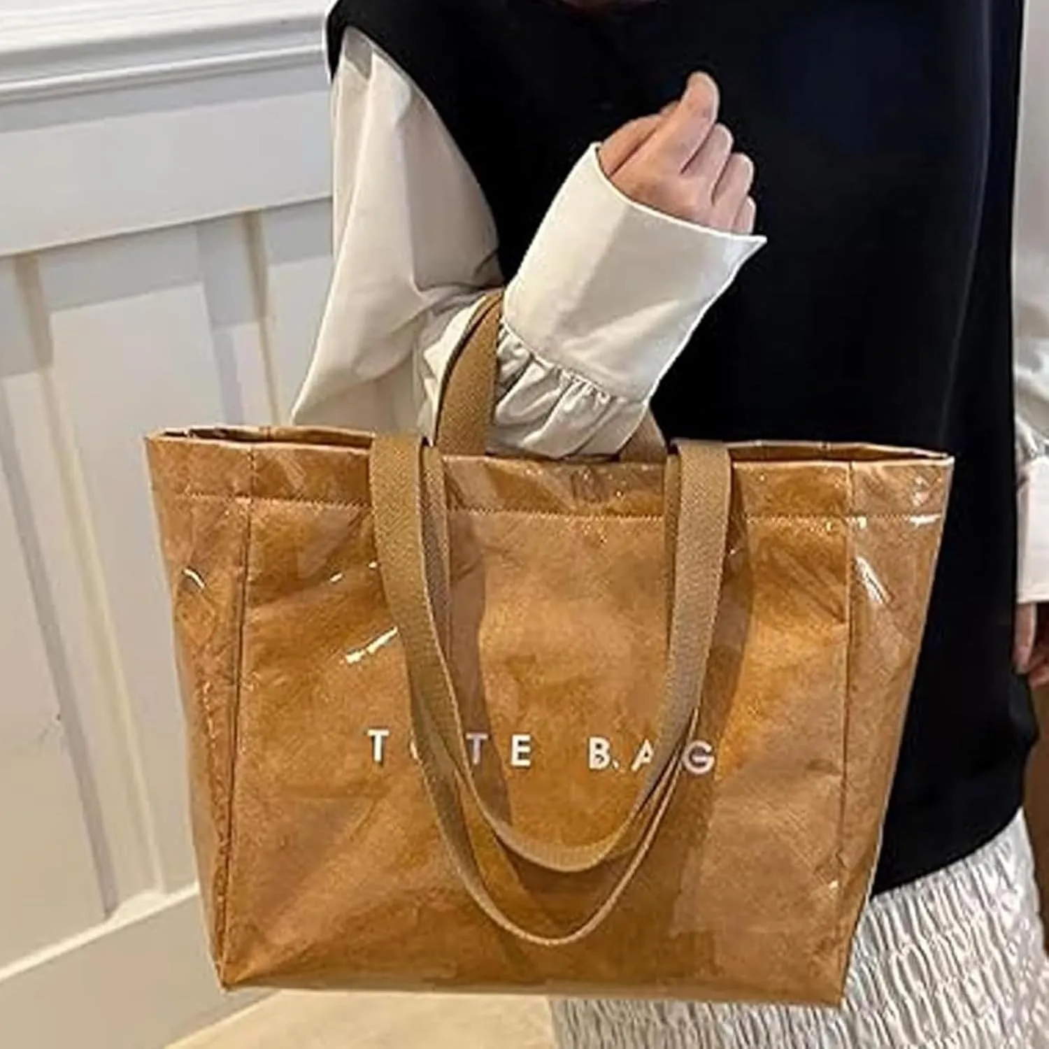Stellaya Womens Letters Print Tote Bag, Stellaya PVC Tote Bag, PVC Large Kraft Paper Bag for Women
