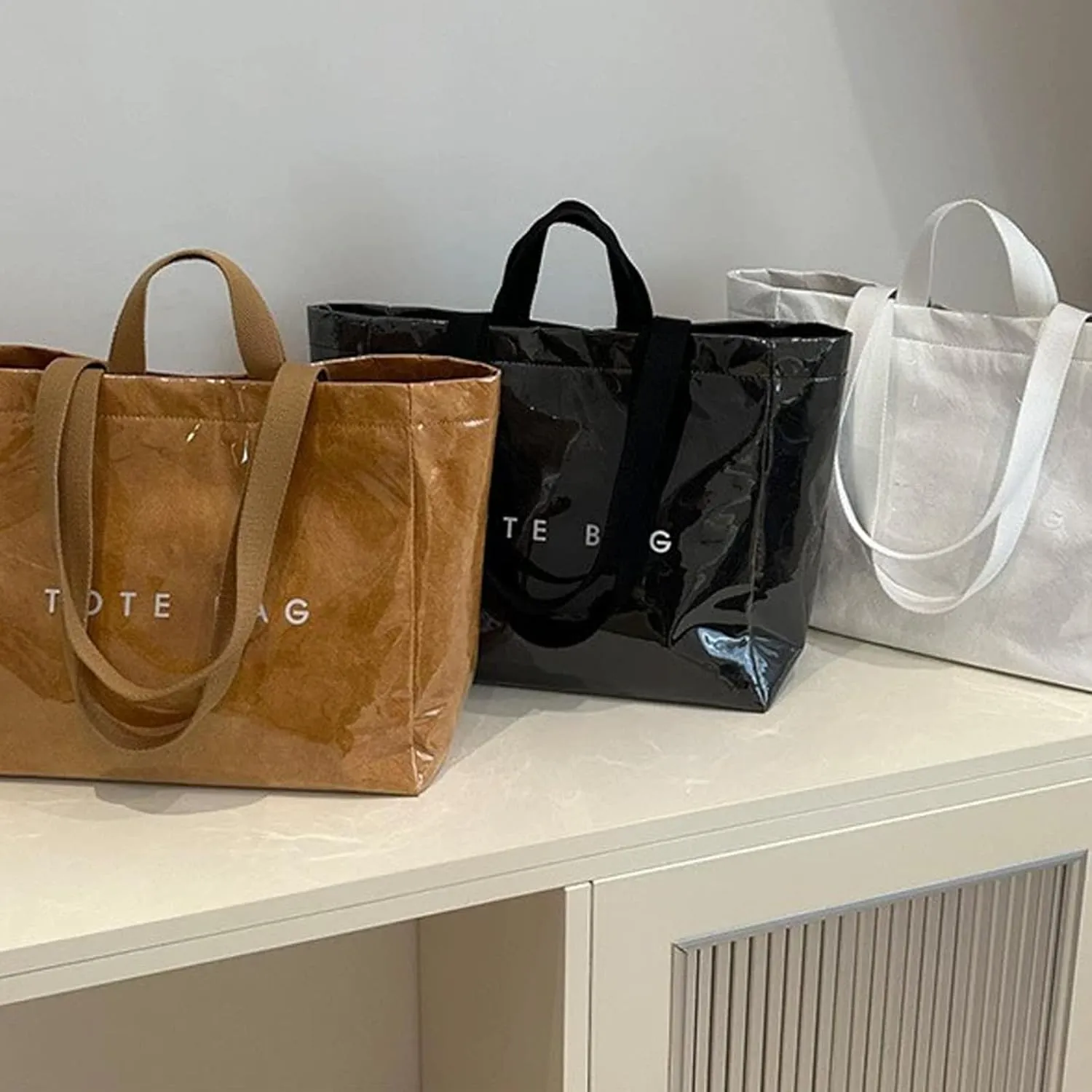 Stellaya Womens Letters Print Tote Bag, Stellaya PVC Tote Bag, PVC Large Kraft Paper Bag for Women