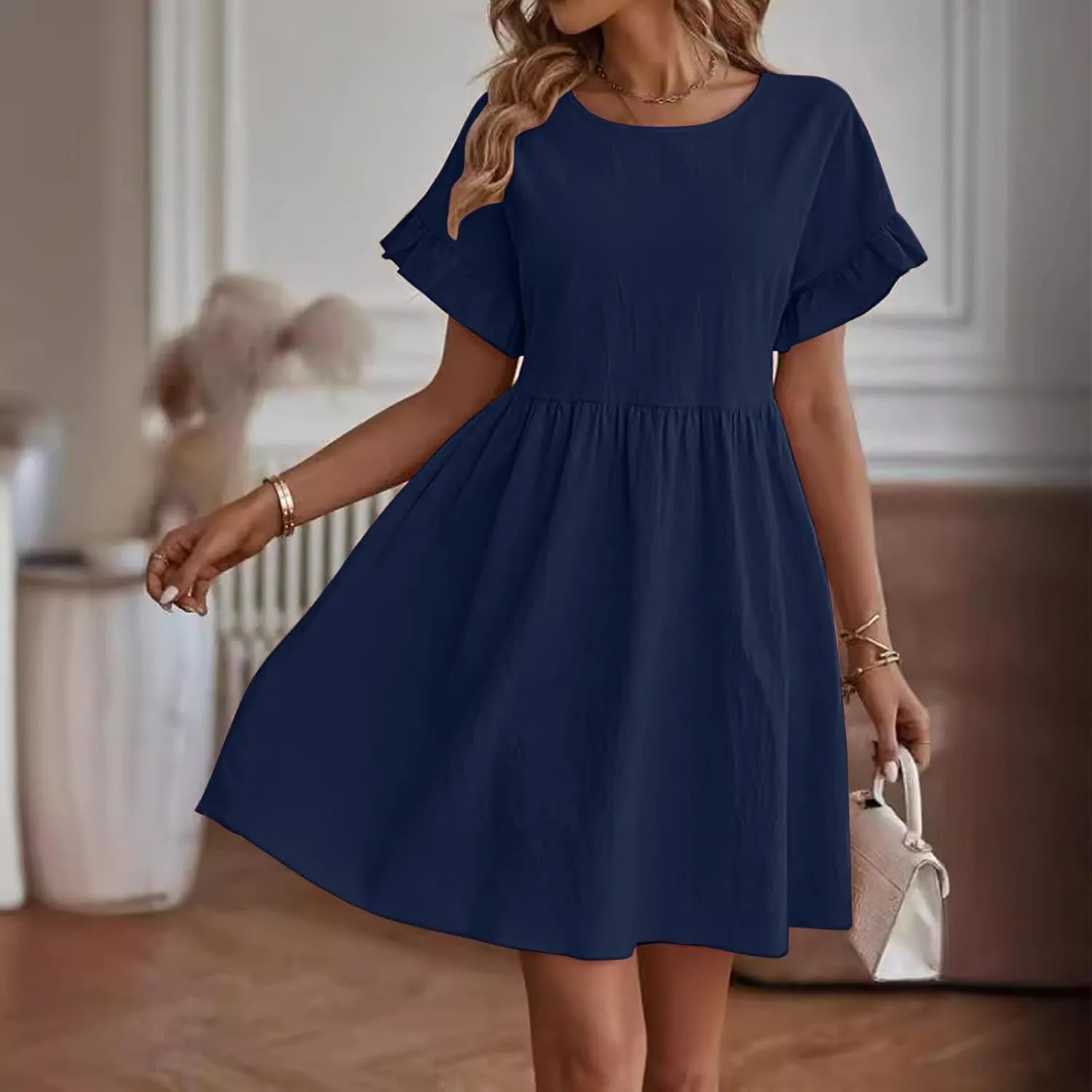 Summer Dresses for Women 2025 Crew Neck Ruffle Sleeve Cute Babydoll Mini Dress Pleated Swing A-Line Sundresses