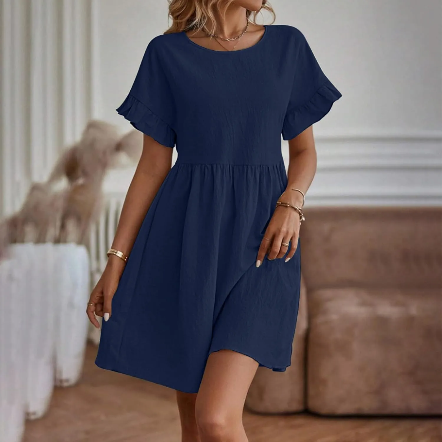 Summer Dresses for Women 2025 Crew Neck Ruffle Sleeve Cute Babydoll Mini Dress Pleated Swing A-Line Sundresses
