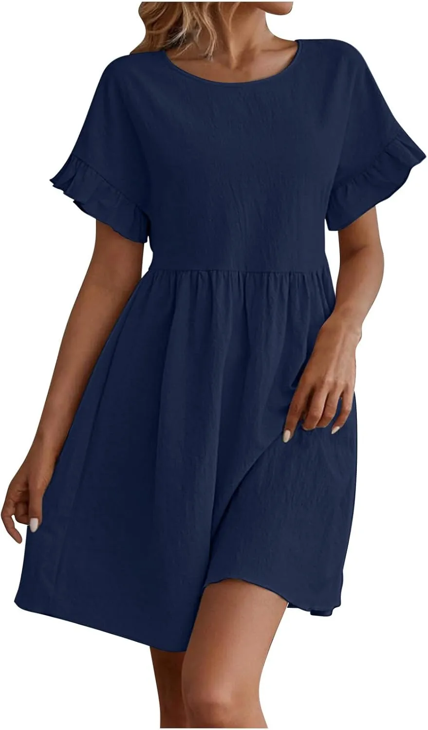 Summer Dresses for Women 2025 Crew Neck Ruffle Sleeve Cute Babydoll Mini Dress Pleated Swing A-Line Sundresses