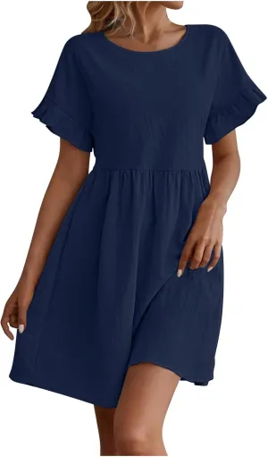 Summer Dresses for Women 2025 Crew Neck Ruffle Sleeve Cute Babydoll Mini Dress Pleated Swing A-Line Sundresses