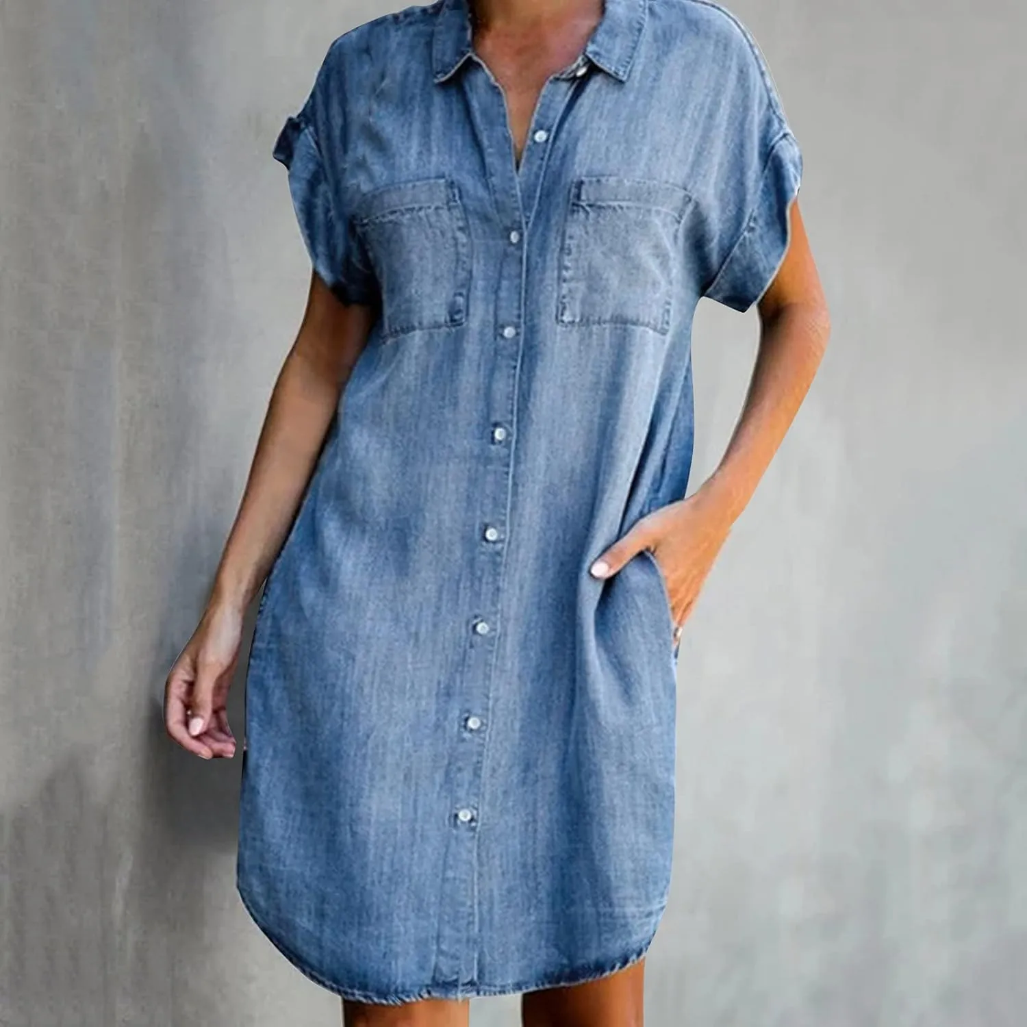 Summer Dresses for Women Fashion Casual Button Down Denim Midi Dress Short Sleeve Collar Trendy Spring Clothes S-3XL