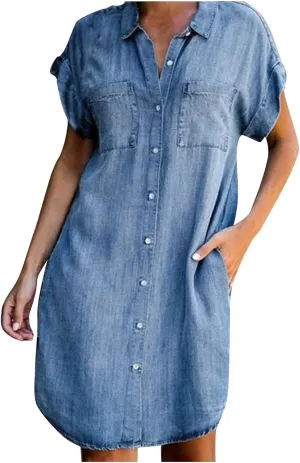 Summer Dresses for Women Fashion Casual Button Down Denim Midi Dress Short Sleeve Collar Trendy Spring Clothes S-3XL