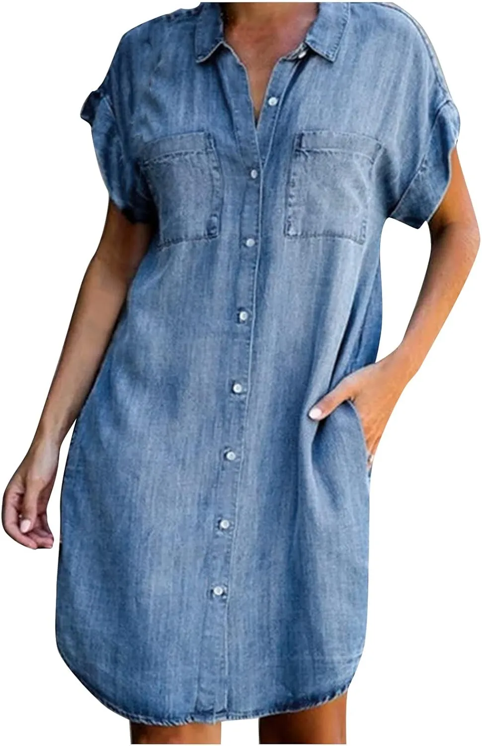Summer Dresses for Women Fashion Casual Button Down Denim Midi Dress Short Sleeve Collar Trendy Spring Clothes S-3XL
