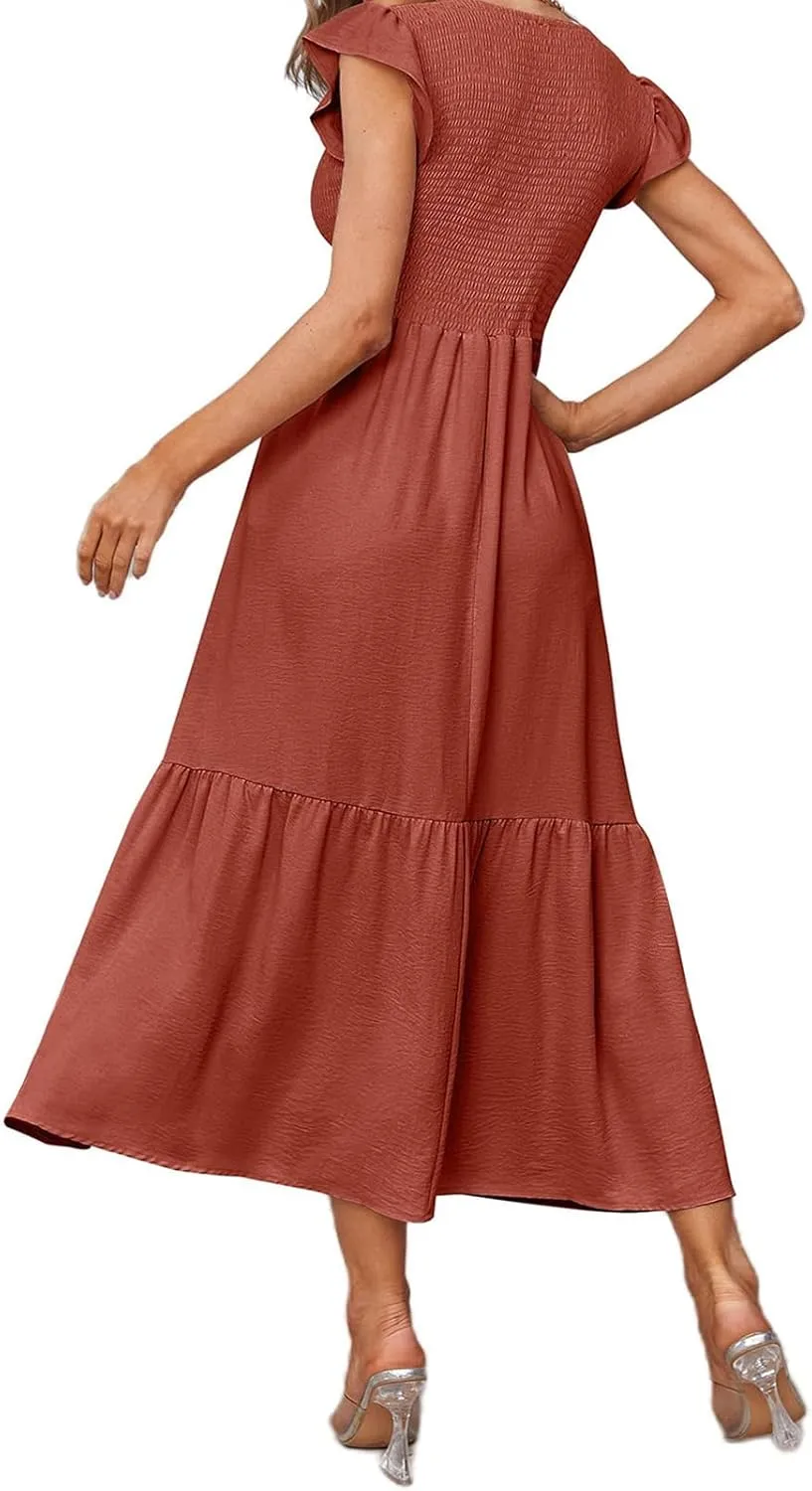 Summer Dresses for Women Ruffle Cap Sleeve Maxi Dress High Waist Tiered A Line Flowy Beach Long Sun Dresses with Pocket