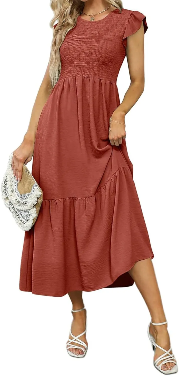 Summer Dresses for Women Ruffle Cap Sleeve Maxi Dress High Waist Tiered A Line Flowy Beach Long Sun Dresses with Pocket