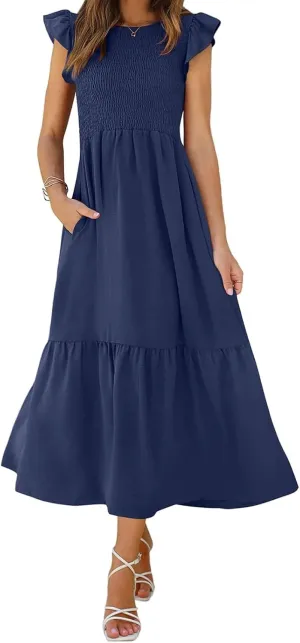 Summer Dresses for Women Ruffle Cap Sleeve Maxi Dress High Waist Tiered A Line Flowy Beach Long Sun Dresses with Pocket