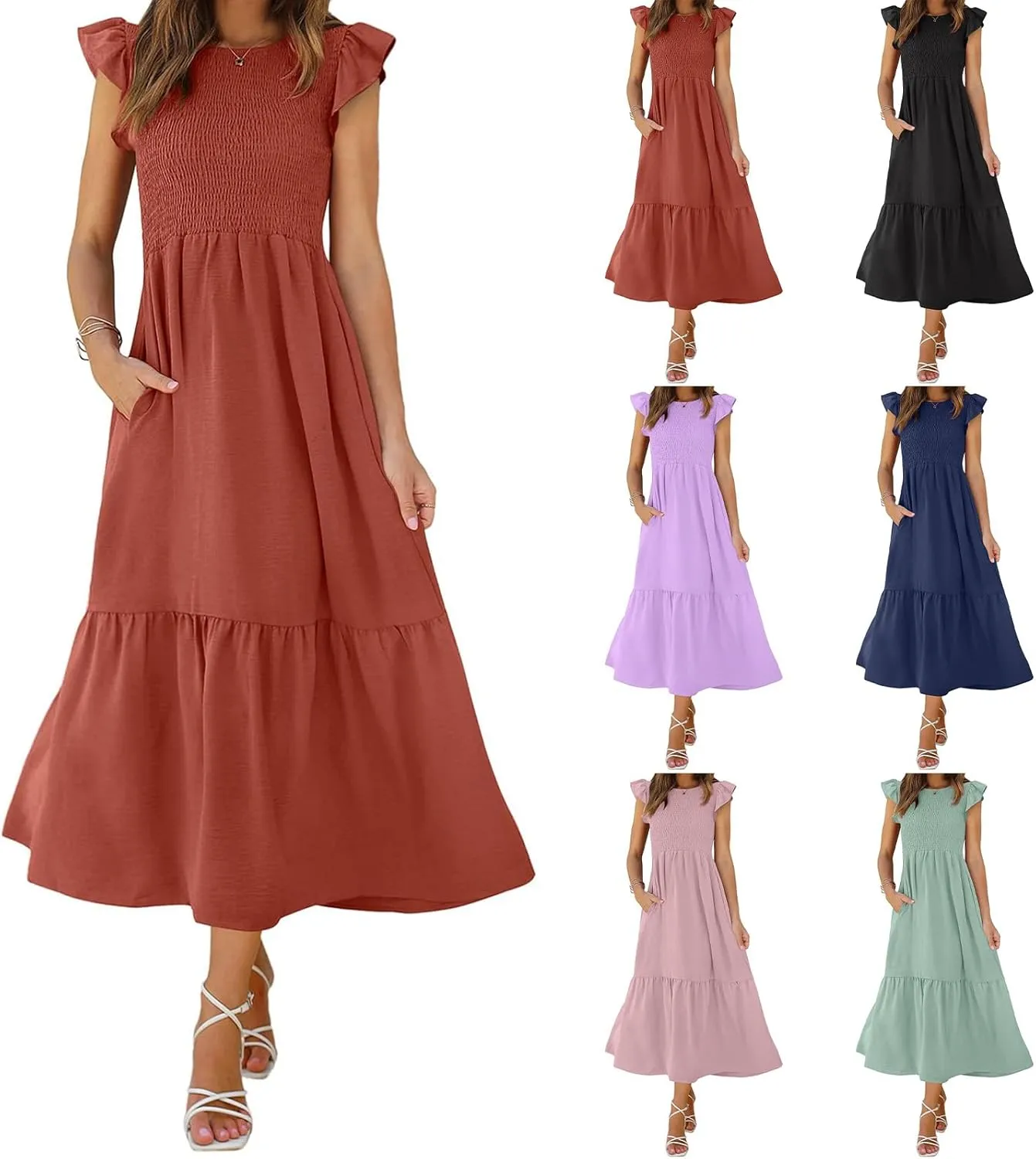 Summer Dresses for Women Ruffle Cap Sleeve Maxi Dress High Waist Tiered A Line Flowy Beach Long Sun Dresses with Pocket