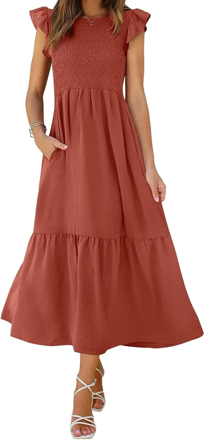 Summer Dresses for Women Ruffle Cap Sleeve Maxi Dress High Waist Tiered A Line Flowy Beach Long Sun Dresses with Pocket