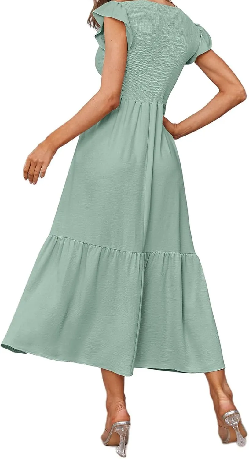 Summer Dresses for Women Ruffle Cap Sleeve Maxi Dress High Waist Tiered A Line Flowy Beach Long Sun Dresses with Pocket