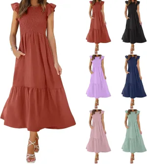Summer Dresses for Women Ruffle Cap Sleeve Maxi Dress High Waist Tiered A Line Flowy Beach Long Sun Dresses with Pocket