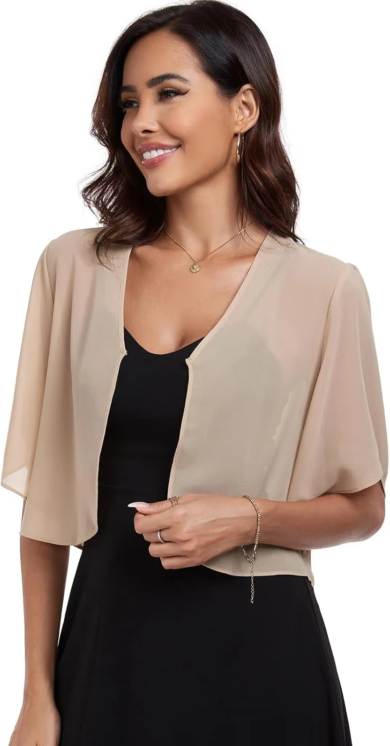 SURVODJA Womens Chiffon Cropped Cardigans Lightweight Sweaters Short Sleeve Bolero Shrugs for Dress