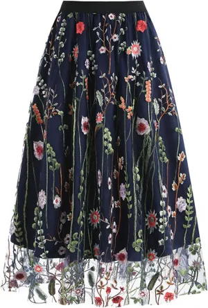 Tulle Skirts for Women Ditsy Floral Bohemian Mesh Midi Skirt Double-Layered High Waisted Flowy Long Maxi Skirt