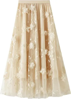 Tulle Skirts for Women High Elastic Waist Long Stylish Comfy Midi Skirt A Line Tutu Skirts for Daily, Prom, Party