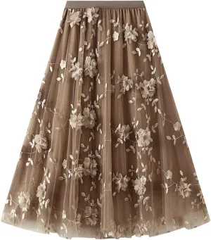 Tulle Skirts for Women High Elastic Waist Long Stylish Comfy Midi Skirt A Line Tutu Skirts for Daily, Prom, Party