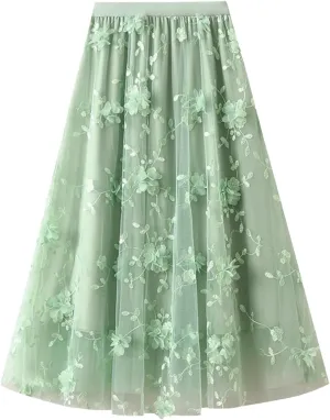 Tulle Skirts for Women High Elastic Waist Long Stylish Comfy Midi Skirt A Line Tutu Skirts for Daily, Prom, Party