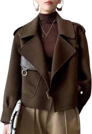 utcoco Women Cropped Wool Coats Warm Pea Coat Notched Lapel Open Front Trench Overcoat Jackets with Pockets