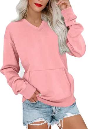 V Neck Sweatshirt Women Fleece Pocket Cute Sweatshirts No Hood Oversized Comfy Hoodie Y2k Soft Winter Clothes