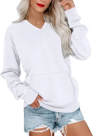 V Neck Sweatshirt Women Fleece Pocket Cute Sweatshirts No Hood Oversized Comfy Hoodie Y2k Soft Winter Clothes