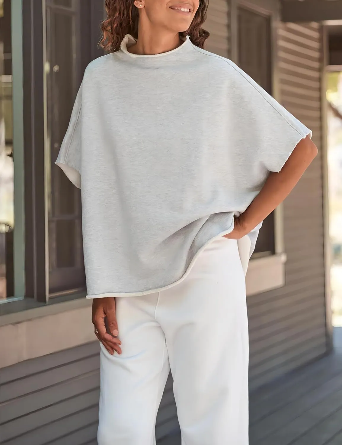 VAOYIU Women's Oversized Funnel Neck Tops 3/4 Batwing Sleeve Capelet Casual Travel Pullover Sweatshirts
