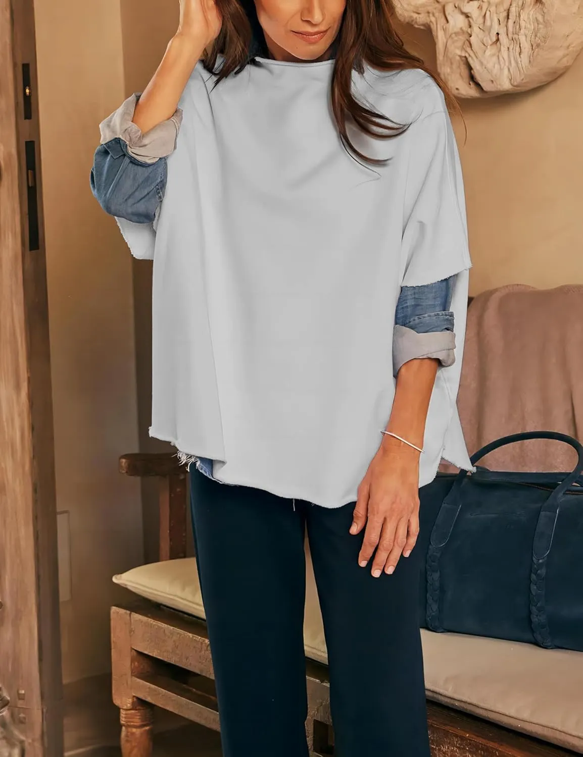 VAOYIU Women's Oversized Funnel Neck Tops 3/4 Batwing Sleeve Capelet Casual Travel Pullover Sweatshirts