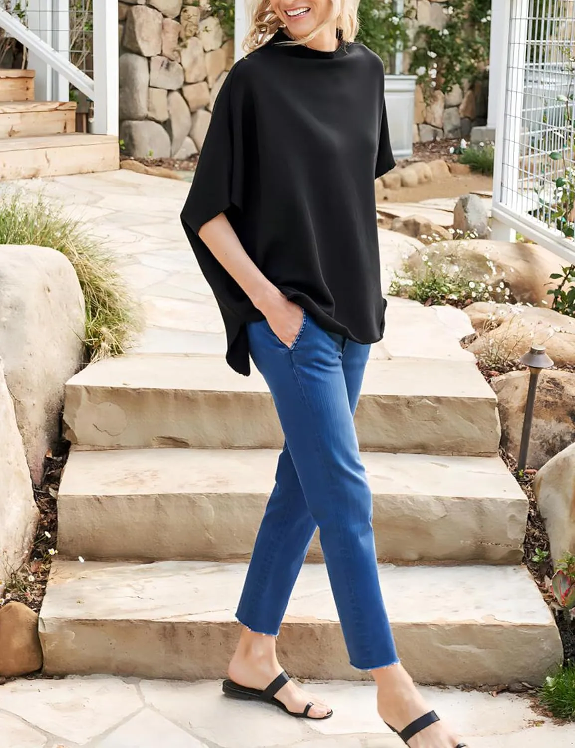VAOYIU Women's Oversized Funnel Neck Tops 3/4 Batwing Sleeve Capelet Casual Travel Pullover Sweatshirts