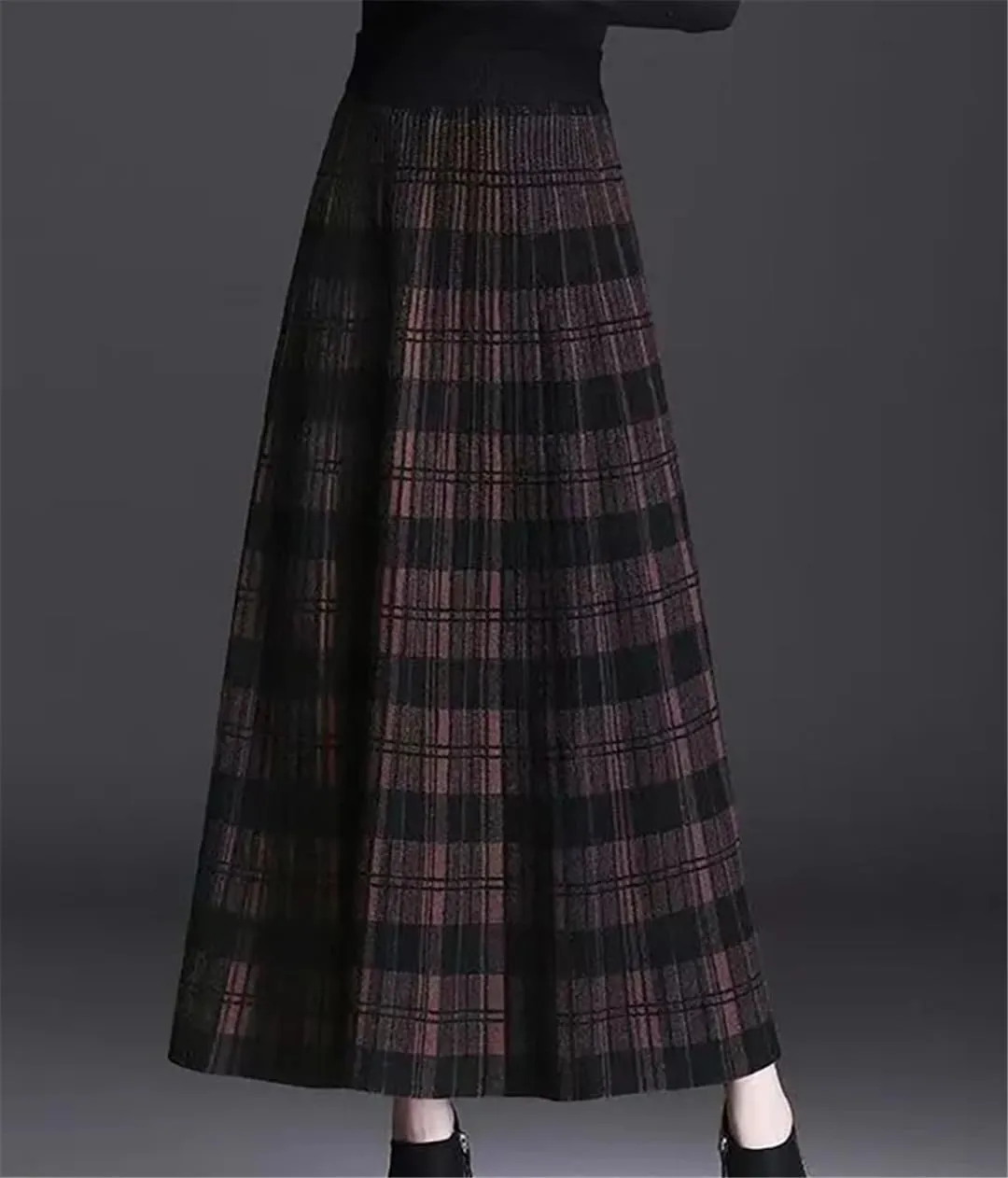 Winter Thickening Plaid Midi Skirt Women Vintage Pleated Elastic A-Line High Waist Knitted Skirt Loose All-Match Skirt